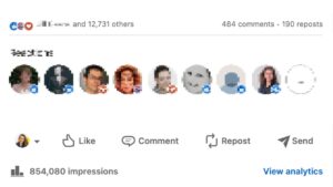 Screenshot van LinkedIn: 12,731 likes, 484 comments, 190 reposts, 854.000 impressions